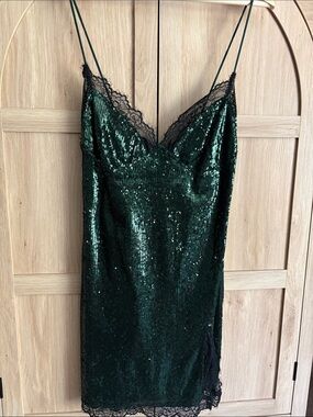 Urban Outfitters Dark Green Sequin Slip Dress with Black Lace Trim